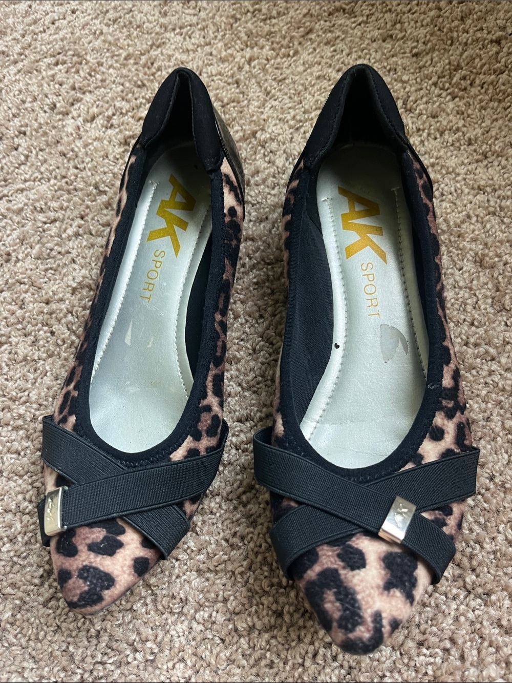 Anne Klein Leopard Print Pointed Toe Flats with Black Elastic Straps